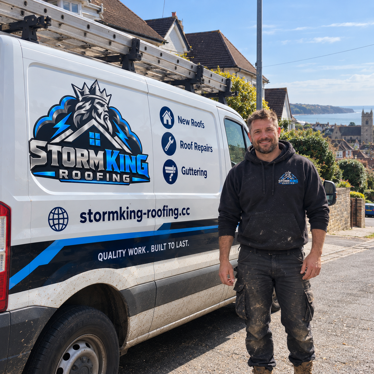 James, owner of Storm King Roofing, beside the company van